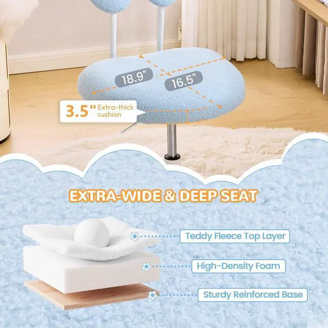 Alt view image 4 of 7 - Cute Fluffy Armless Vanity Chair with Back, Small Teddy Comfy Desk Chair with Wheels for Girls, Height Adjustable Makeup Chair with Cartoon Designs for Kids, Bedroom, Dorm& Living Room,Blue