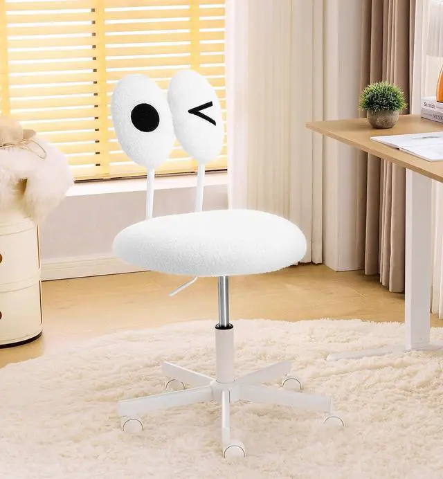 Main image of Cute Fluffy Armless Vanity Chair with Back, Small Teddy Comfy Desk Chair with Wheels for Girls, Height Adjustable Makeup Chair with Cartoon Designs for Kids, Bedroom, Dorm& Living Room,White