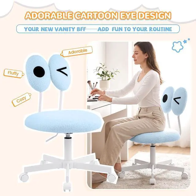 Alt view image 6 of 7 - Cute Fluffy Armless Vanity Chair with Back, Small Teddy Comfy Desk Chair with Wheels for Girls, Height Adjustable Makeup Chair with Cartoon Designs for Kids, Bedroom, Dorm& Living Room,Blue