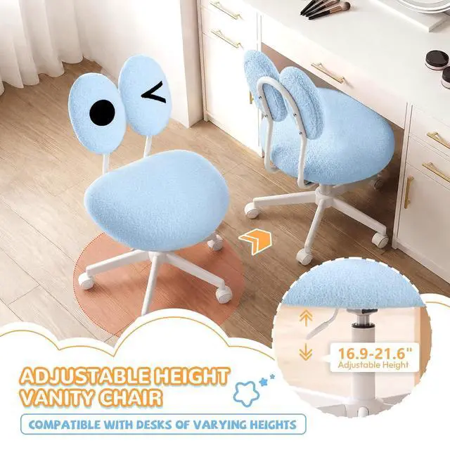 Alt view image 7 of 7 - Cute Fluffy Armless Vanity Chair with Back, Small Teddy Comfy Desk Chair with Wheels for Girls, Height Adjustable Makeup Chair with Cartoon Designs for Kids, Bedroom, Dorm& Living Room,Blue
