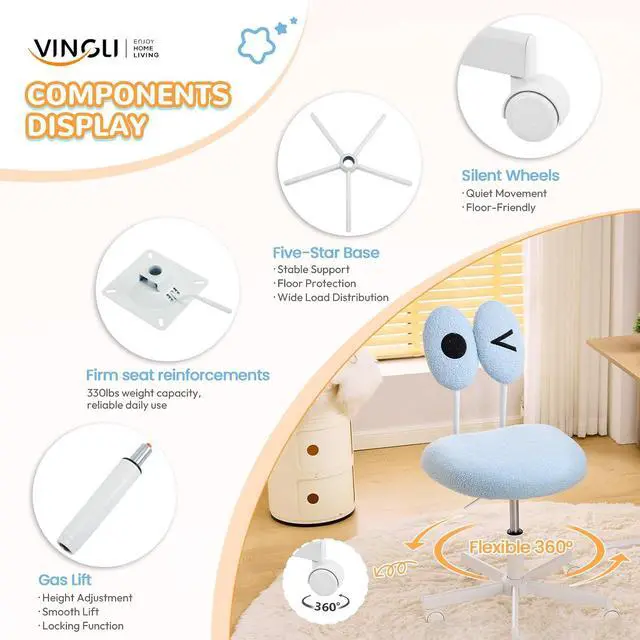 Alt view image 5 of 7 - Cute Fluffy Armless Vanity Chair with Back, Small Teddy Comfy Desk Chair with Wheels for Girls, Height Adjustable Makeup Chair with Cartoon Designs for Kids, Bedroom, Dorm& Living Room,Blue
