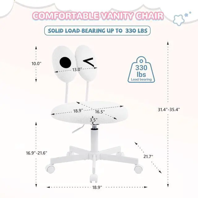 Alt view image 2 of 7 - Cute Fluffy Armless Vanity Chair with Back, Small Teddy Comfy Desk Chair with Wheels for Girls, Height Adjustable Makeup Chair with Cartoon Designs for Kids, Bedroom, Dorm& Living Room,White