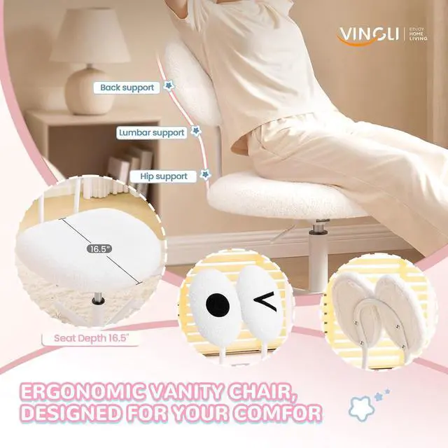 Alt view image 3 of 7 - Cute Fluffy Armless Vanity Chair with Back, Small Teddy Comfy Desk Chair with Wheels for Girls, Height Adjustable Makeup Chair with Cartoon Designs for Kids, Bedroom, Dorm& Living Room,White