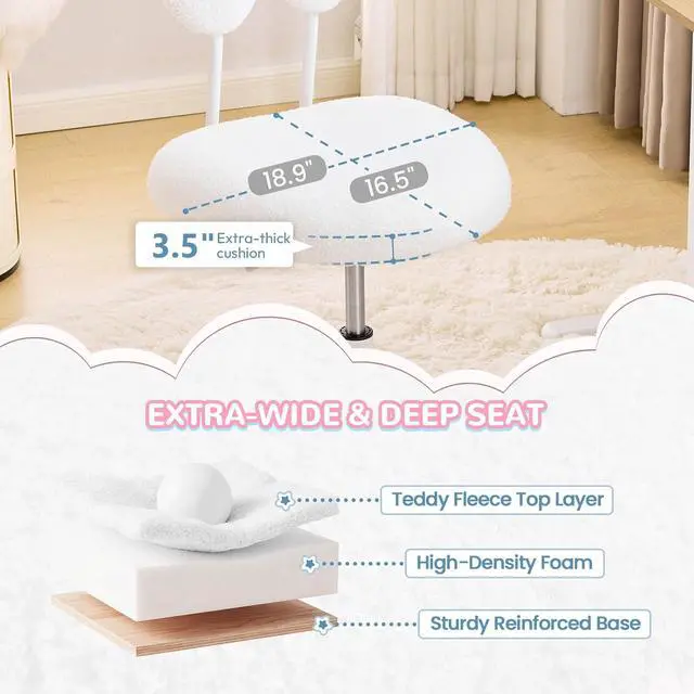 Alt view image 4 of 7 - Cute Fluffy Armless Vanity Chair with Back, Small Teddy Comfy Desk Chair with Wheels for Girls, Height Adjustable Makeup Chair with Cartoon Designs for Kids, Bedroom, Dorm& Living Room,White