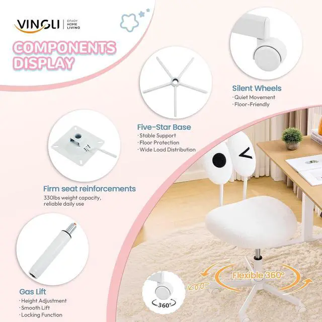 Alt view image 5 of 7 - Cute Fluffy Armless Vanity Chair with Back, Small Teddy Comfy Desk Chair with Wheels for Girls, Height Adjustable Makeup Chair with Cartoon Designs for Kids, Bedroom, Dorm& Living Room,White