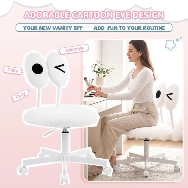 Alt view image 6 of 7 - Cute Fluffy Armless Vanity Chair with Back, Small Teddy Comfy Desk Chair with Wheels for Girls, Height Adjustable Makeup Chair with Cartoon Designs for Kids, Bedroom, Dorm& Living Room,White