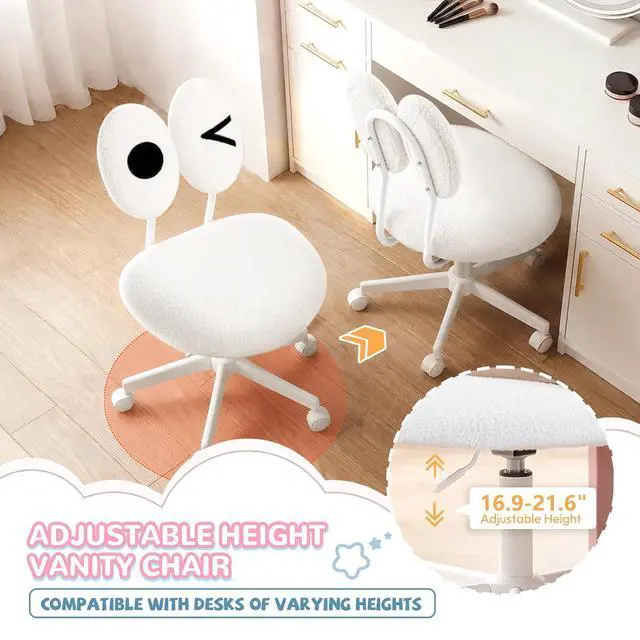 Alt view image 7 of 7 - Cute Fluffy Armless Vanity Chair with Back, Small Teddy Comfy Desk Chair with Wheels for Girls, Height Adjustable Makeup Chair with Cartoon Designs for Kids, Bedroom, Dorm& Living Room,White