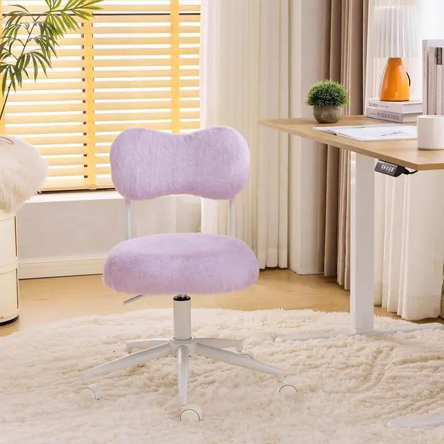 Main image of Small Swivel Vanity Chair with Wheels & Back,15° Reclining Makeup Chair, Cute Armless Home Office Desk Chair for Learning or Bedroom, Mute Computer Chair for Girls or Kids,Plush Fur,Purple