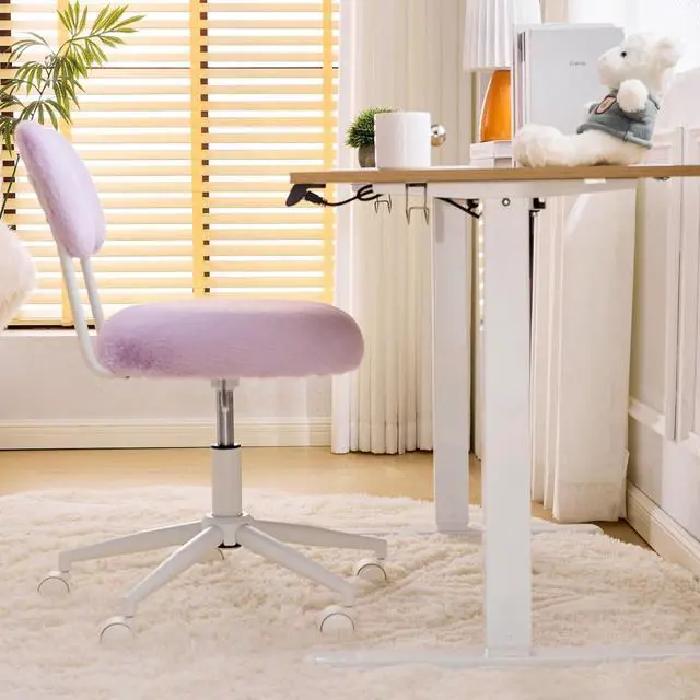 Alt view image 5 of 7 - Small Swivel Vanity Chair with Wheels & Back,15° Reclining Makeup Chair, Cute Armless Home Office Desk Chair for Learning or Bedroom, Mute Computer Chair for Girls or Kids,Plush Fur,Purple