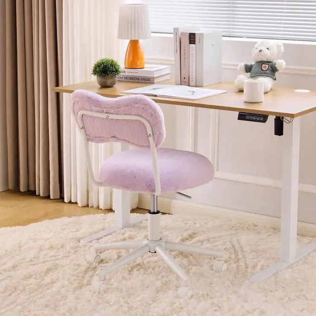 Alt view image 4 of 7 - Small Swivel Vanity Chair with Wheels & Back,15° Reclining Makeup Chair, Cute Armless Home Office Desk Chair for Learning or Bedroom, Mute Computer Chair for Girls or Kids,Plush Fur,Purple