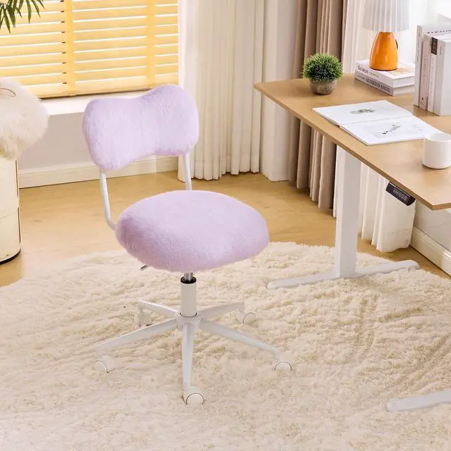 Alt view image 2 of 7 - Small Swivel Vanity Chair with Wheels & Back,15° Reclining Makeup Chair, Cute Armless Home Office Desk Chair for Learning or Bedroom, Mute Computer Chair for Girls or Kids,Plush Fur,Purple