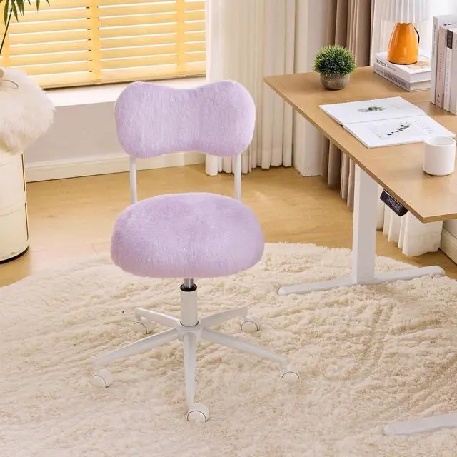 Alt view image 3 of 7 - Small Swivel Vanity Chair with Wheels & Back,15° Reclining Makeup Chair, Cute Armless Home Office Desk Chair for Learning or Bedroom, Mute Computer Chair for Girls or Kids,Plush Fur,Purple