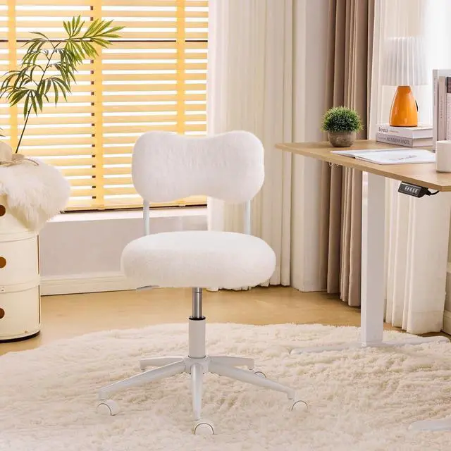 Main image of Small Swivel Vanity Chair with Wheels & Back,15° Reclining Makeup Chair, Cute Armless Home Office Desk Chair for Learning or Bedroom, Mute Computer Chair for Girls or Kids,Plush Fur,Beige