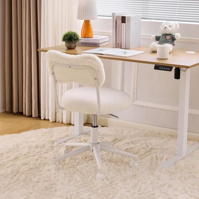 Alt view image 4 of 7 - Small Swivel Vanity Chair with Wheels & Back,15° Reclining Makeup Chair, Cute Armless Home Office Desk Chair for Learning or Bedroom, Mute Computer Chair for Girls or Kids,Plush Fur,Beige