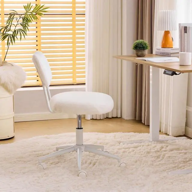 Alt view image 3 of 7 - Small Swivel Vanity Chair with Wheels & Back,15° Reclining Makeup Chair, Cute Armless Home Office Desk Chair for Learning or Bedroom, Mute Computer Chair for Girls or Kids,Plush Fur,Beige
