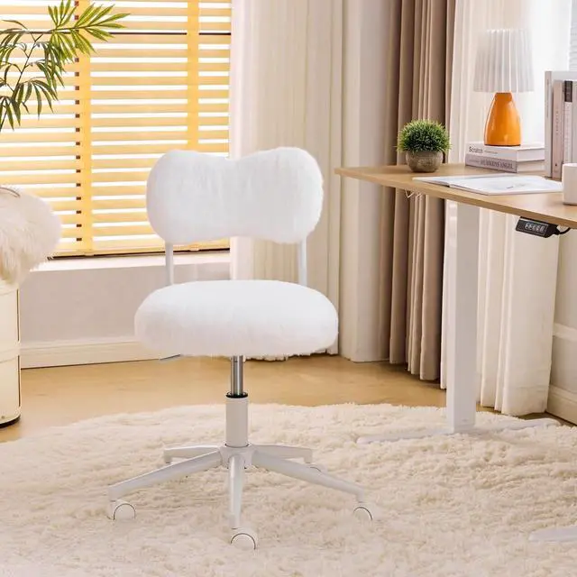 Main image of Small Swivel Vanity Chair with Wheels & Back,15° Reclining Makeup Chair, Cute Armless Home Office Desk Chair for Learning or Bedroom, Mute Computer Chair for Girls or Kids,Plush Fur,Cream