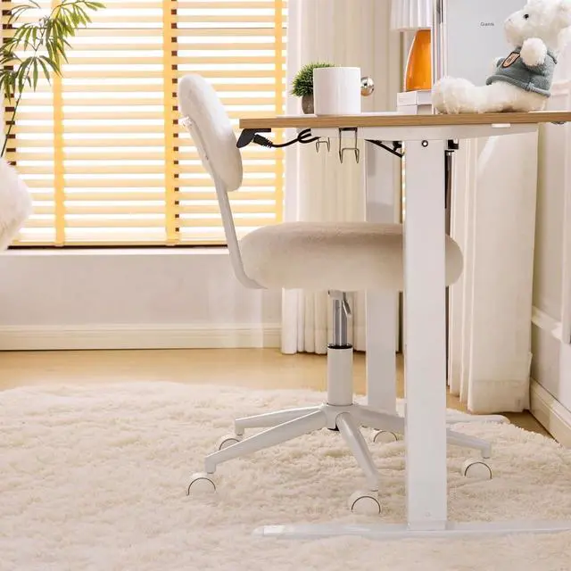 Alt view image 6 of 7 - Small Swivel Vanity Chair with Wheels & Back,15° Reclining Makeup Chair, Cute Armless Home Office Desk Chair for Learning or Bedroom, Mute Computer Chair for Girls or Kids,Plush Fur,Beige