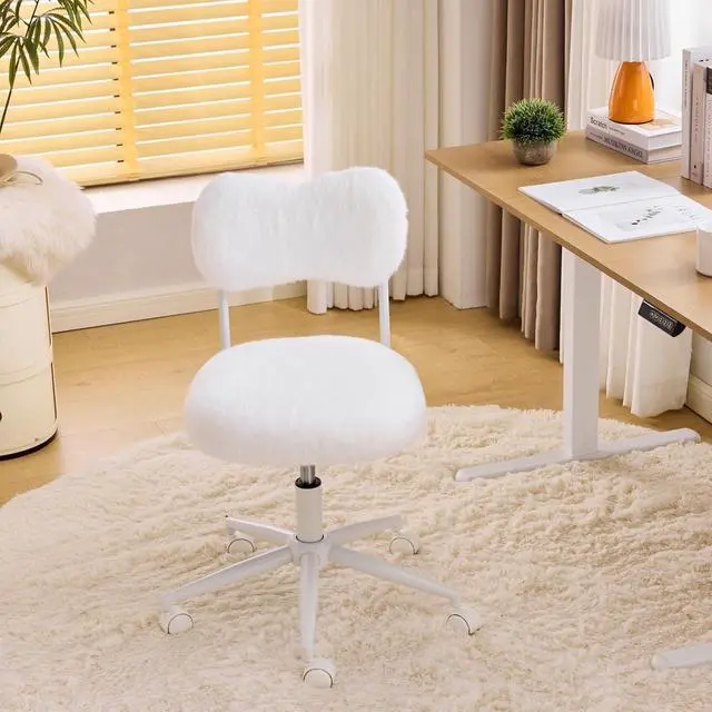 Alt view image 2 of 7 - Small Swivel Vanity Chair with Wheels & Back,15° Reclining Makeup Chair, Cute Armless Home Office Desk Chair for Learning or Bedroom, Mute Computer Chair for Girls or Kids,Plush Fur,Cream