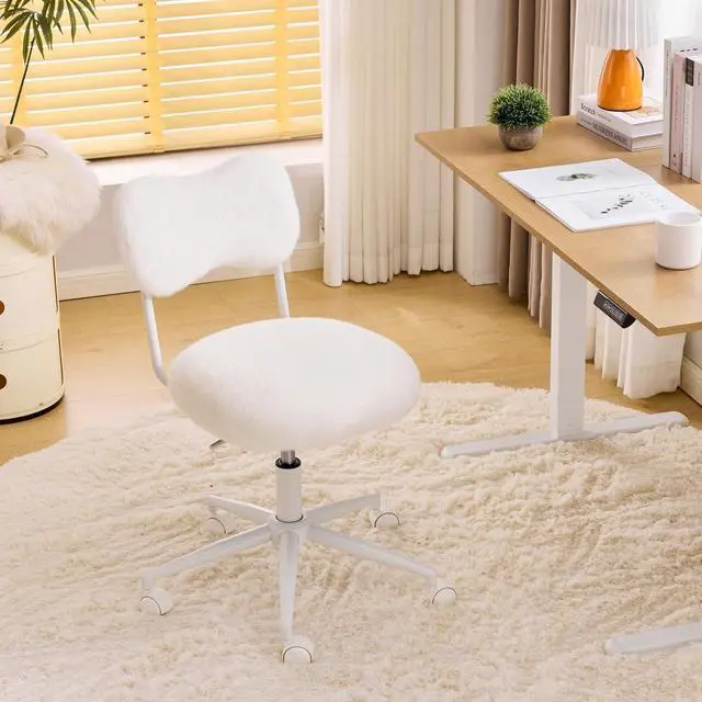 Alt view image 2 of 7 - Small Swivel Vanity Chair with Wheels & Back,15° Reclining Makeup Chair, Cute Armless Home Office Desk Chair for Learning or Bedroom, Mute Computer Chair for Girls or Kids,Plush Fur,Beige