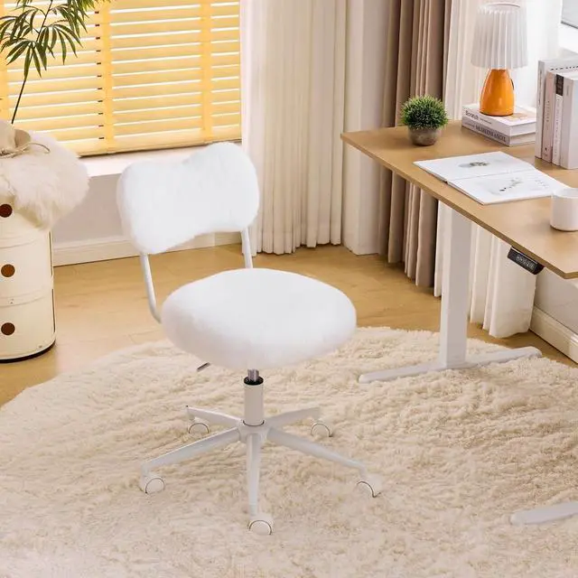 Alt view image 3 of 7 - Small Swivel Vanity Chair with Wheels & Back,15° Reclining Makeup Chair, Cute Armless Home Office Desk Chair for Learning or Bedroom, Mute Computer Chair for Girls or Kids,Plush Fur,Cream