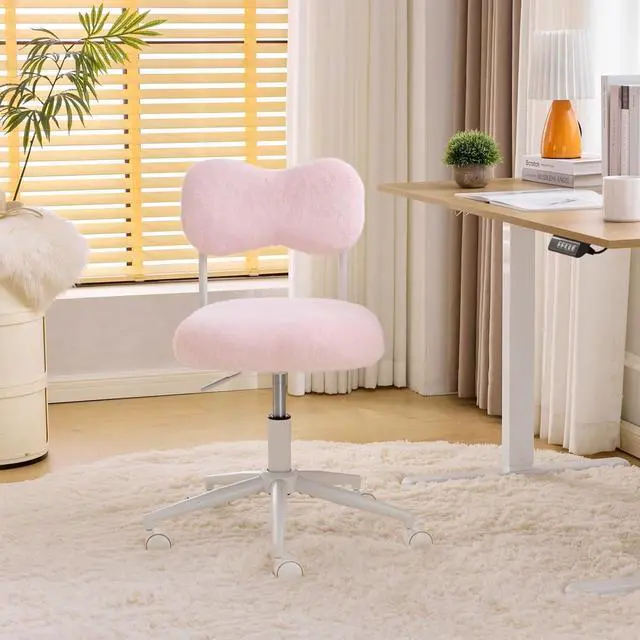 Main image of Small Swivel Vanity Chair with Wheels & Back,15° Reclining Makeup Chair, Cute Armless Home Office Desk Chair for Learning or Bedroom, Mute Computer Chair for Girls or Kids,Plush Fur,Pink