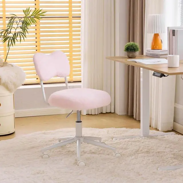 Alt view image 3 of 7 - Small Swivel Vanity Chair with Wheels & Back,15° Reclining Makeup Chair, Cute Armless Home Office Desk Chair for Learning or Bedroom, Mute Computer Chair for Girls or Kids,Plush Fur,Pink