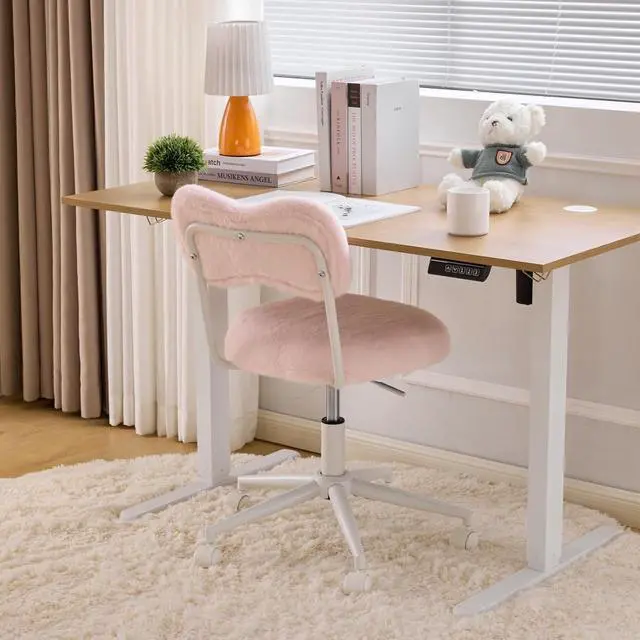 Alt view image 5 of 7 - Small Swivel Vanity Chair with Wheels & Back,15° Reclining Makeup Chair, Cute Armless Home Office Desk Chair for Learning or Bedroom, Mute Computer Chair for Girls or Kids,Plush Fur,Pink