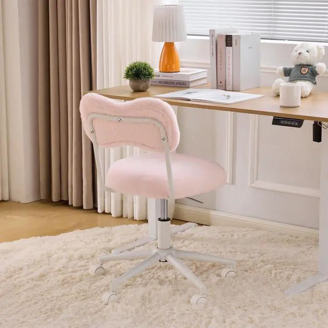 Alt view image 4 of 7 - Small Swivel Vanity Chair with Wheels & Back,15° Reclining Makeup Chair, Cute Armless Home Office Desk Chair for Learning or Bedroom, Mute Computer Chair for Girls or Kids,Plush Fur,Pink