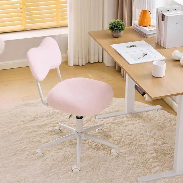Alt view image 2 of 7 - Small Swivel Vanity Chair with Wheels & Back,15° Reclining Makeup Chair, Cute Armless Home Office Desk Chair for Learning or Bedroom, Mute Computer Chair for Girls or Kids,Plush Fur,Pink