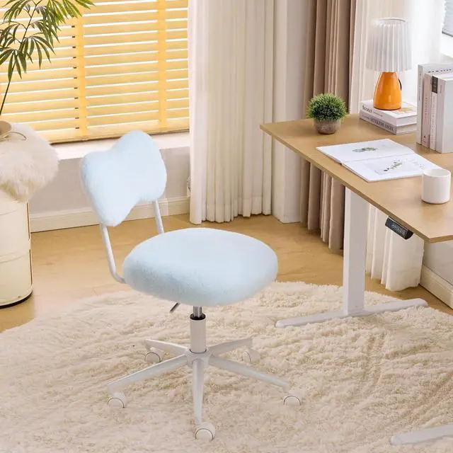 Alt view image 2 of 7 - Small Swivel Vanity Chair with Wheels & Back,15° Reclining Makeup Chair, Cute Armless Home Office Desk Chair for Learning or Bedroom, Mute Computer Chair for Girls or Kids,Plush Fur,Blue