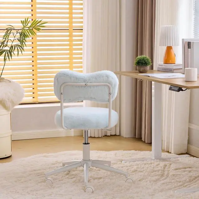 Alt view image 3 of 7 - Small Swivel Vanity Chair with Wheels & Back,15° Reclining Makeup Chair, Cute Armless Home Office Desk Chair for Learning or Bedroom, Mute Computer Chair for Girls or Kids,Plush Fur,Blue