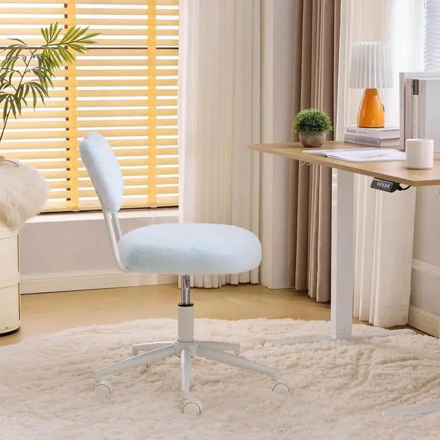 Alt view image 4 of 7 - Small Swivel Vanity Chair with Wheels & Back,15° Reclining Makeup Chair, Cute Armless Home Office Desk Chair for Learning or Bedroom, Mute Computer Chair for Girls or Kids,Plush Fur,Blue
