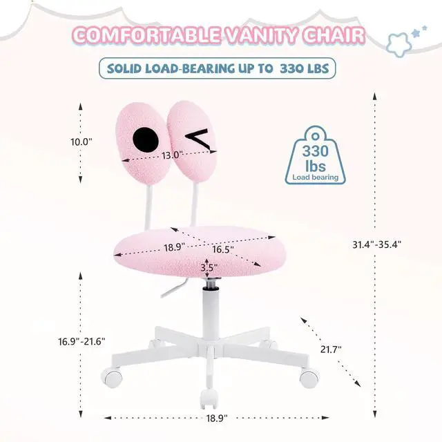 Alt view image 2 of 7 - Cute Fluffy Armless Vanity Chair with Back, Small Teddy Comfy Desk Chair with Wheels for Girls, Height Adjustable Makeup Chair with Cartoon Designs for Kids, Bedroom, Dorm& Living Room,Pink