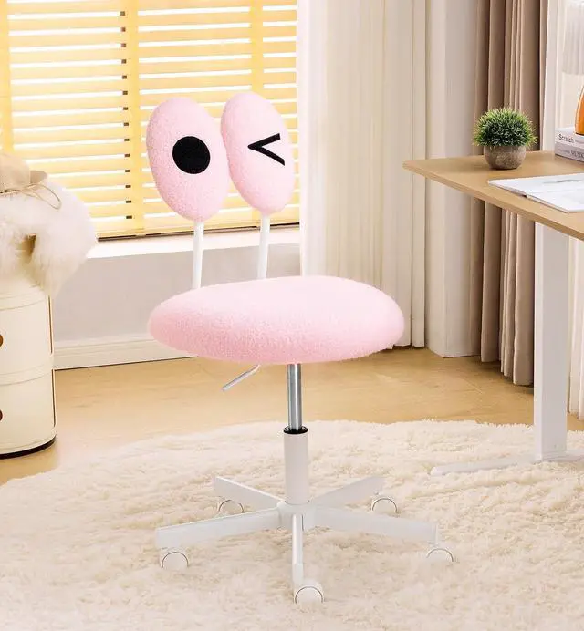 Main image of Cute Fluffy Armless Vanity Chair with Back, Small Teddy Comfy Desk Chair with Wheels for Girls, Height Adjustable Makeup Chair with Cartoon Designs for Kids, Bedroom, Dorm& Living Room,Pink