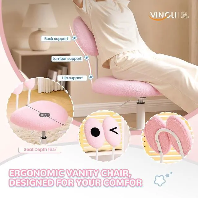 Alt view image 3 of 7 - Cute Fluffy Armless Vanity Chair with Back, Small Teddy Comfy Desk Chair with Wheels for Girls, Height Adjustable Makeup Chair with Cartoon Designs for Kids, Bedroom, Dorm& Living Room,Pink