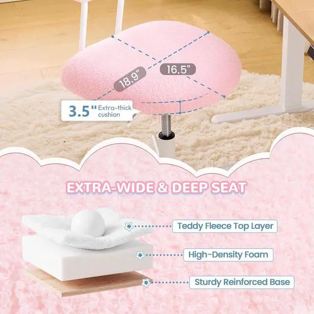 Alt view image 4 of 7 - Cute Fluffy Armless Vanity Chair with Back, Small Teddy Comfy Desk Chair with Wheels for Girls, Height Adjustable Makeup Chair with Cartoon Designs for Kids, Bedroom, Dorm& Living Room,Pink