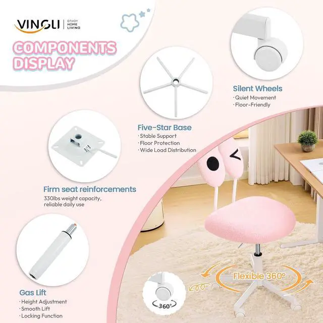 Alt view image 5 of 7 - Cute Fluffy Armless Vanity Chair with Back, Small Teddy Comfy Desk Chair with Wheels for Girls, Height Adjustable Makeup Chair with Cartoon Designs for Kids, Bedroom, Dorm& Living Room,Pink