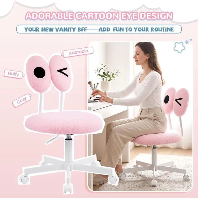 Alt view image 6 of 7 - Cute Fluffy Armless Vanity Chair with Back, Small Teddy Comfy Desk Chair with Wheels for Girls, Height Adjustable Makeup Chair with Cartoon Designs for Kids, Bedroom, Dorm& Living Room,Pink