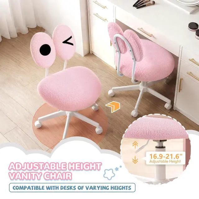 Alt view image 7 of 7 - Cute Fluffy Armless Vanity Chair with Back, Small Teddy Comfy Desk Chair with Wheels for Girls, Height Adjustable Makeup Chair with Cartoon Designs for Kids, Bedroom, Dorm& Living Room,Pink