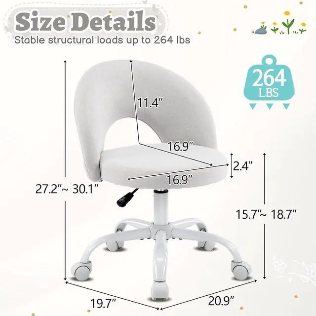 Alt view image 2 of 7 - Small Vanity Chair with Wheels for Girls.Cute Modern Adjustable Height Armless Office Desk Chair.360°Swivel Comfy Rolling Chair for Study, Make up Room,Small Space,Linen Light Gray