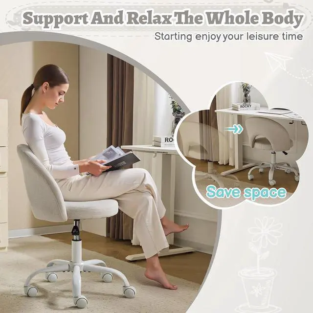 Alt view image 5 of 7 - Small Vanity Chair with Wheels for Girls.Cute Modern Adjustable Height Armless Office Desk Chair.360°Swivel Comfy Rolling Chair for Study, Make up Room,Small Space,Linen Light Gray