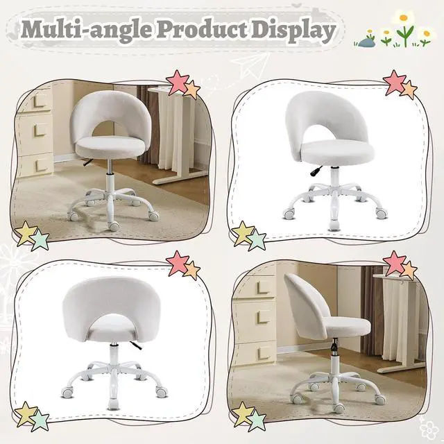 Alt view image 3 of 7 - Small Vanity Chair with Wheels for Girls.Cute Modern Adjustable Height Armless Office Desk Chair.360°Swivel Comfy Rolling Chair for Study, Make up Room,Small Space,Linen Light Gray