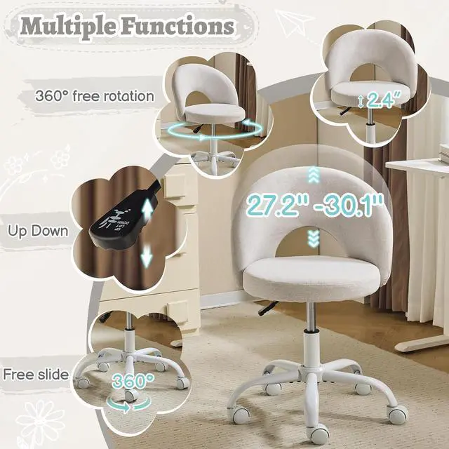 Alt view image 4 of 7 - Small Vanity Chair with Wheels for Girls.Cute Modern Adjustable Height Armless Office Desk Chair.360°Swivel Comfy Rolling Chair for Study, Make up Room,Small Space,Linen Light Gray