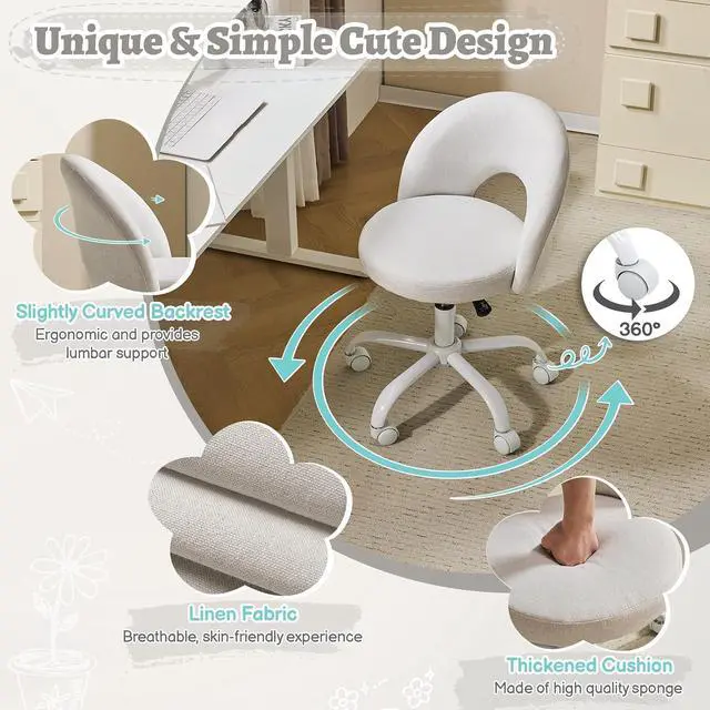 Alt view image 6 of 7 - Small Vanity Chair with Wheels for Girls.Cute Modern Adjustable Height Armless Office Desk Chair.360°Swivel Comfy Rolling Chair for Study, Make up Room,Small Space,Linen Light Gray