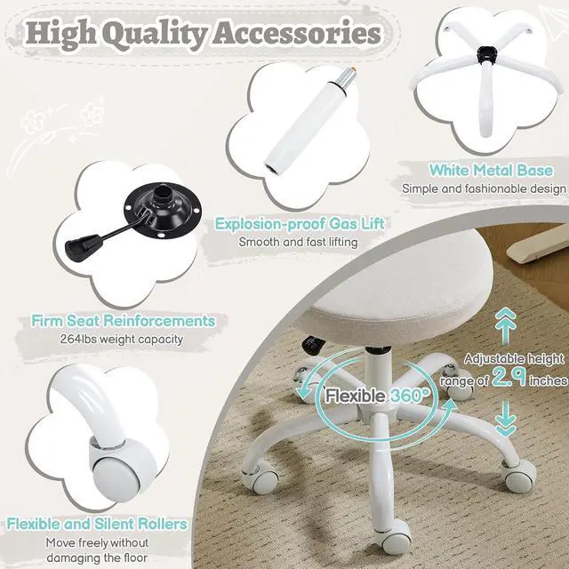 Alt view image 7 of 7 - Small Vanity Chair with Wheels for Girls.Cute Modern Adjustable Height Armless Office Desk Chair.360°Swivel Comfy Rolling Chair for Study, Make up Room,Small Space,Linen Light Gray