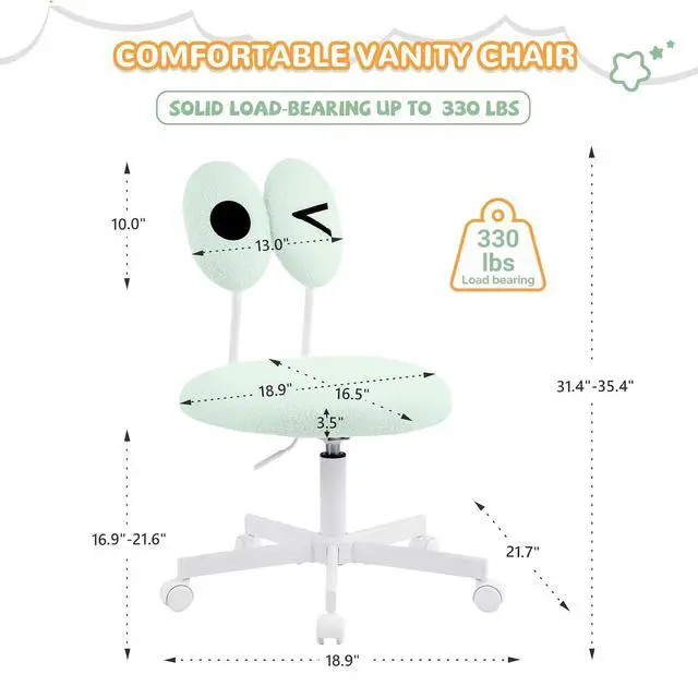 Alt view image 2 of 7 - Cute Fluffy Armless Vanity Chair with Back, Small Teddy Comfy Desk Chair with Wheels for Girls, Height Adjustable Makeup Chair with Cartoon Designs for Kids, Bedroom, Dorm& Living Room,Green
