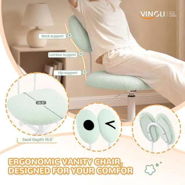 Alt view image 3 of 7 - Cute Fluffy Armless Vanity Chair with Back, Small Teddy Comfy Desk Chair with Wheels for Girls, Height Adjustable Makeup Chair with Cartoon Designs for Kids, Bedroom, Dorm& Living Room,Green