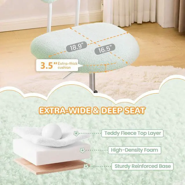 Alt view image 4 of 7 - Cute Fluffy Armless Vanity Chair with Back, Small Teddy Comfy Desk Chair with Wheels for Girls, Height Adjustable Makeup Chair with Cartoon Designs for Kids, Bedroom, Dorm& Living Room,Green