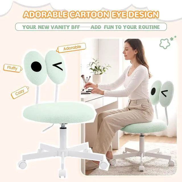 Alt view image 6 of 7 - Cute Fluffy Armless Vanity Chair with Back, Small Teddy Comfy Desk Chair with Wheels for Girls, Height Adjustable Makeup Chair with Cartoon Designs for Kids, Bedroom, Dorm& Living Room,Green