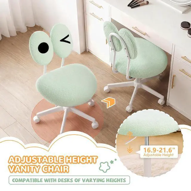 Alt view image 7 of 7 - Cute Fluffy Armless Vanity Chair with Back, Small Teddy Comfy Desk Chair with Wheels for Girls, Height Adjustable Makeup Chair with Cartoon Designs for Kids, Bedroom, Dorm& Living Room,Green
